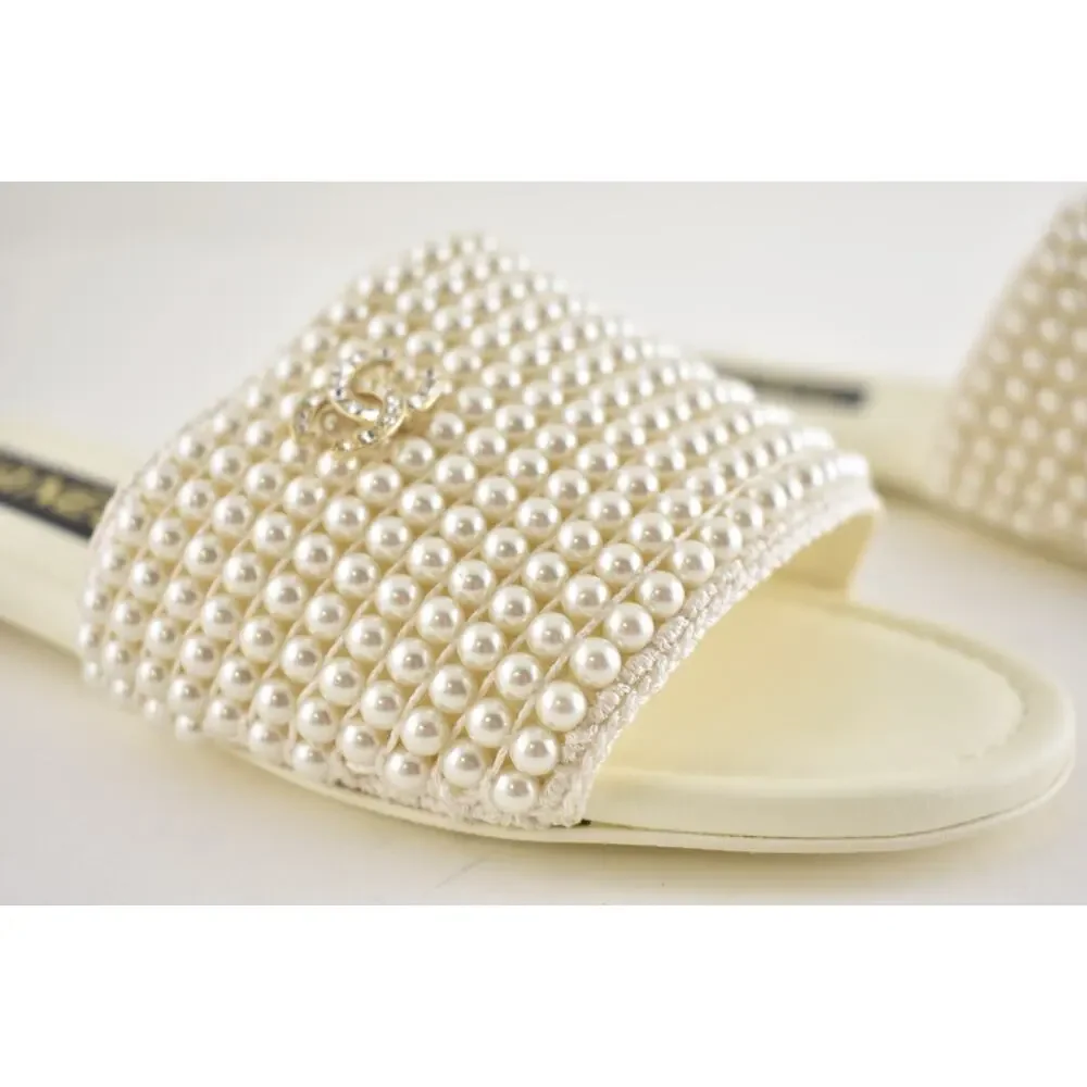 Chanel 25P Ivory White Pearl Embroidery CC Logo Slide Slip Sandal Mule Flat 36.5